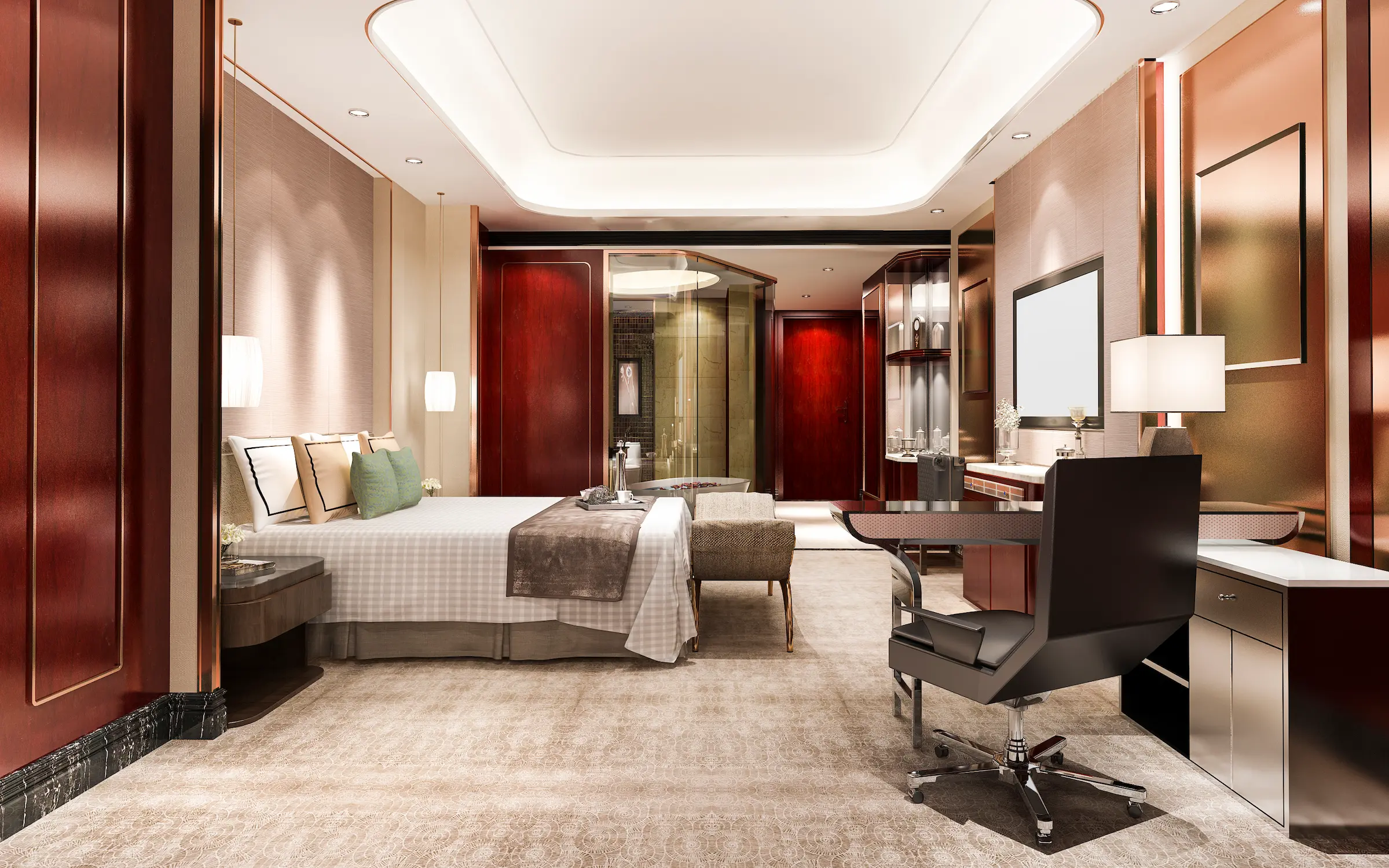 red-luxury-bedroom-suite-resort-high-rise-hotel-with-working-table